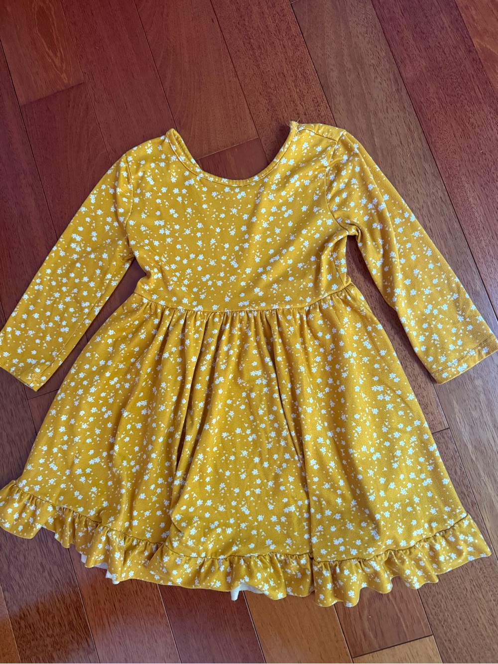 Chenault Mustard Yellow Floral Long-Sleeve Ruffle-Hem Dress